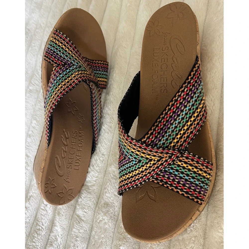 Skechers Cali Luxe Foam Womens Multi Color Woven Cork Wedge Sandals Slides